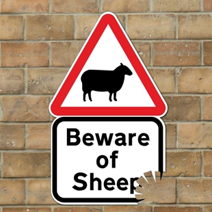 Picture of Funny Beware of Sheep Sign with bite mark, Joke Road Sign, Funny Farmer Gift