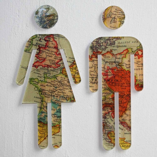 Picture of Toilet Door Man & Woman Symbol, Bathroom Sign, Vintage Map Design