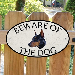 Picture of Doberman Pinscher Beware of The Dog Gate Sign
