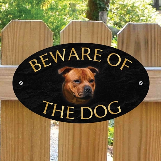 Picture of Red Staffordshire Bull Terrier Beware of The Dog Sign
