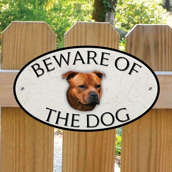 JAF Graphics. Red Staffordshire Bull Terrier Beware of The Dog Sign