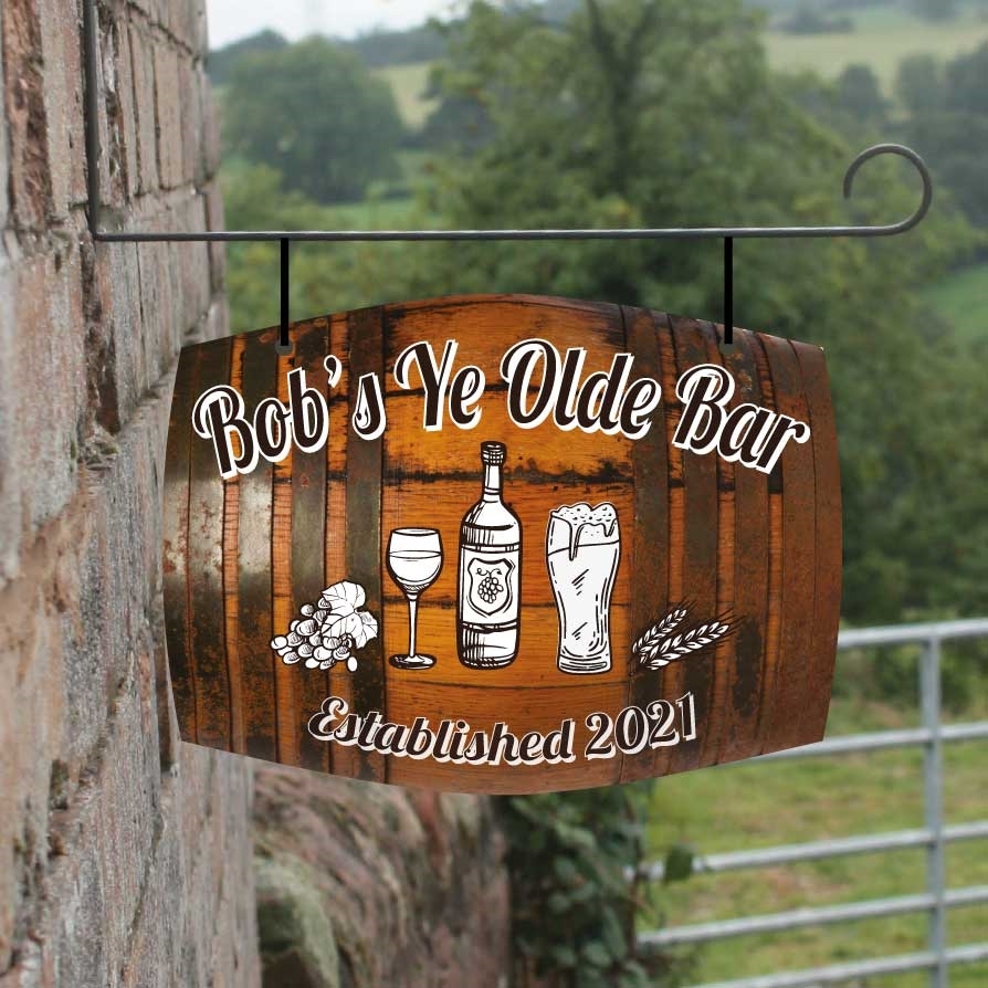 JAF Graphics. Personalised Barrel Home Bar Hanging Pub Sign