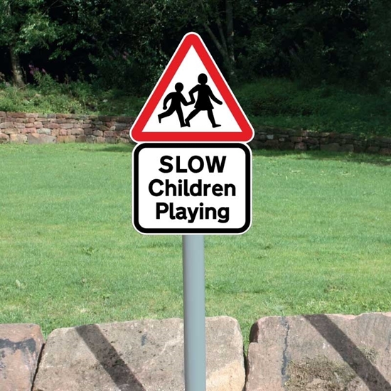 Picture of Slow Children Playing Sign On Post