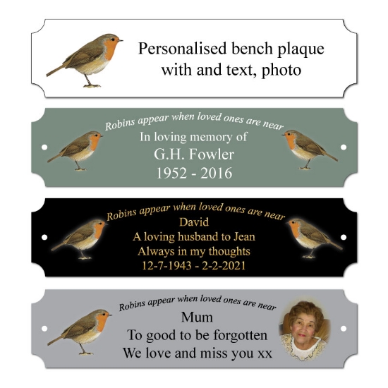Picture of Memorial Bench Plaque with picture, Robin Design