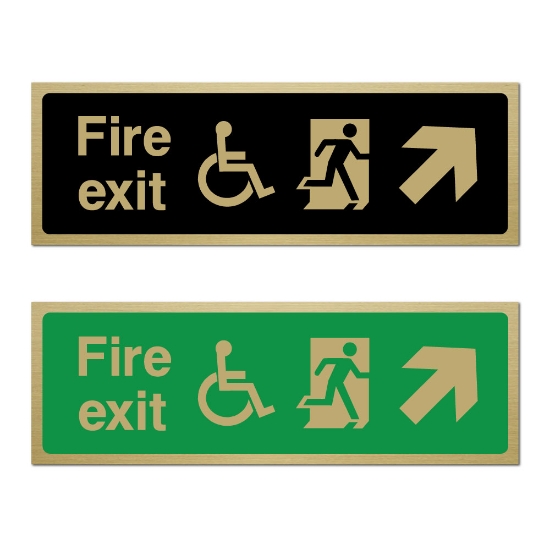 Picture of Classic Brushed Brass Fire Exit Right Up Sign with Disabled logo