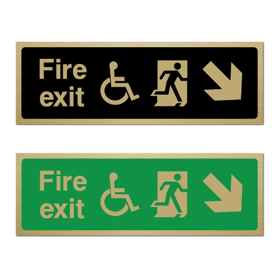 Picture of Classic Brushed Brass Fire Exit Right Down Sign with Disabled logo