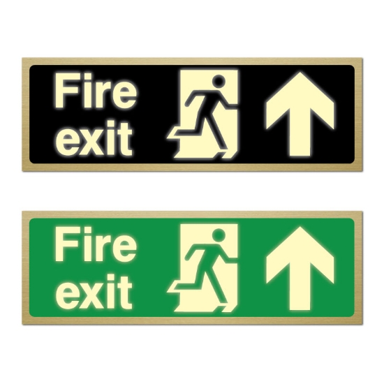 Picture of Glow In The Dark Brushed Brass Fire Exit Sign Straight on up arrow