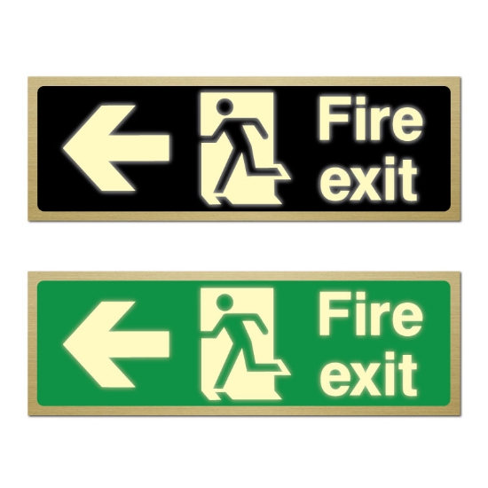 Picture of Glow In The Dark Brushed Brass Fire Exit Left Arrow Sign 