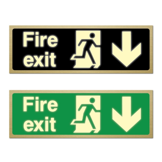 Picture of Glow In The Dark Brushed Brass Fire Exit Sign Down Arrow