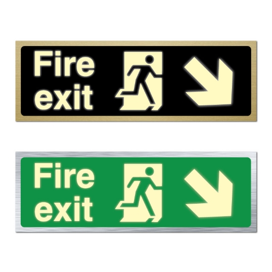 Picture of Glow In The Dark Brushed Brass Fire Exit Right Down Arrow Sign