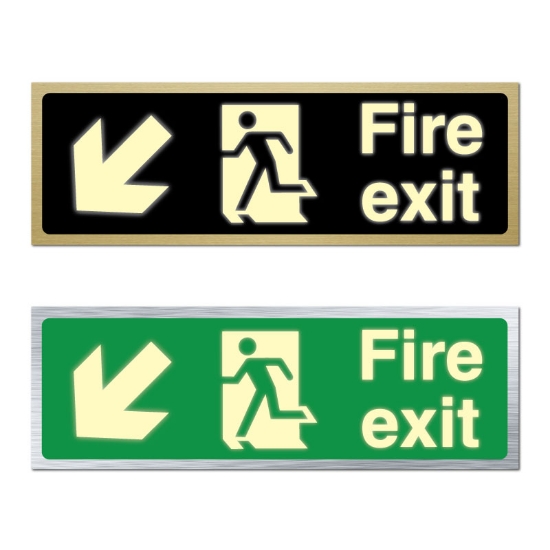 Picture of Glow In The Dark Brushed Brass Fire Exit Left Down Arrow Sign