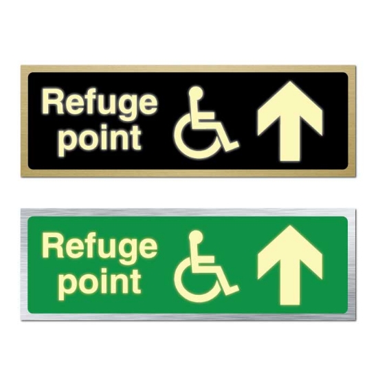 Picture of Glow In The Dark Brushed Brass Refuge Assembly Point Sign Up Arrow 