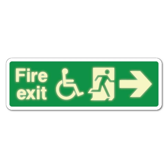 Picture of GLOW Emergency Fire Exit Right Sign with Disabled logo - 3mm Rigid Sign