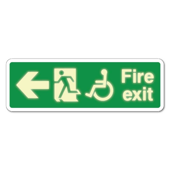 Picture of GLOW Emergency Fire Exit Left Sign with Disabled logo - 3mm Rigid Sign