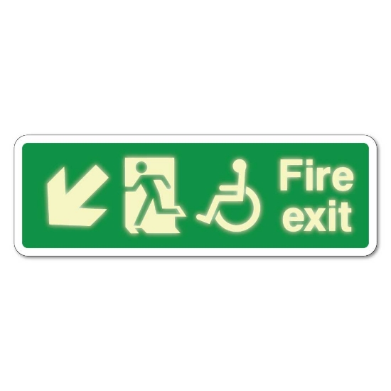 Picture of GLOW Emergency Fire Exit Left Down Sign with Disabled logo - 3mm Rigid Sign 