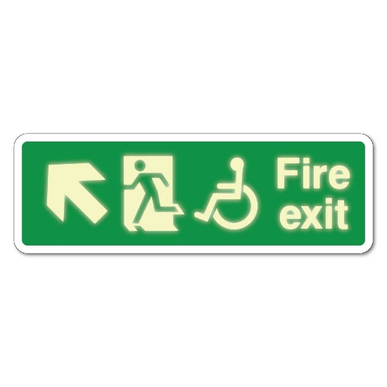 Picture of GLOW Emergency Fire Exit Left Up Sign with Disabled logo - 3mm Rigid Sign