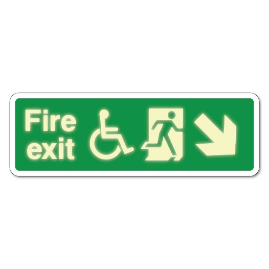 Picture of GLOW Emergency Fire Exit Right Down Sign with Disabled logo - 3mm Rigid Sign