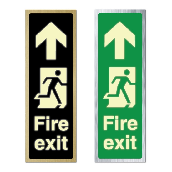 Picture of Glow In The Dark Brushed Brass Fire Exit Sign Straight on up arrowFire Exit Arrow - Tall Portrait