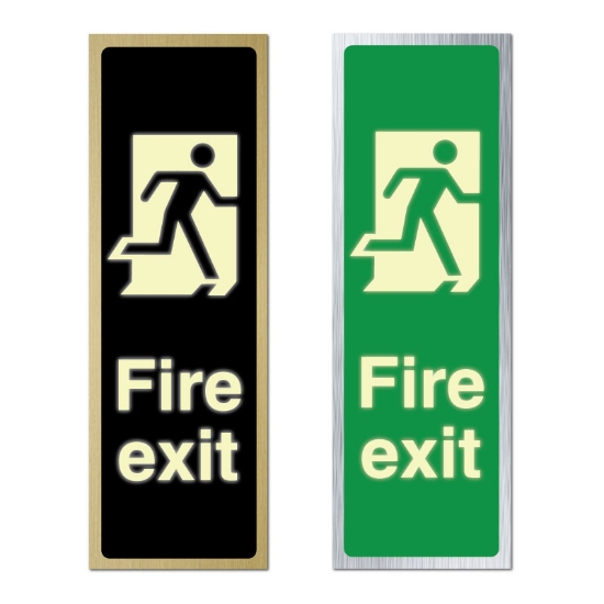 Picture of Glow In The Dark Brushed Metal Fire Exit Sign Tall Portrait