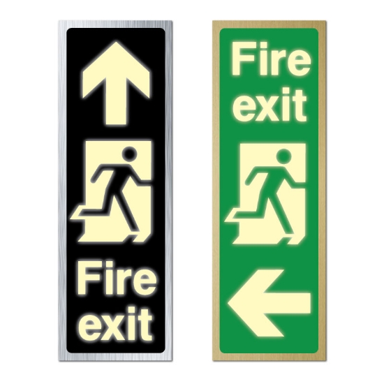 Picture of Glow In The Dark Brushed Metal Fire Exit Arrow Direction Sign - Tall Portrait