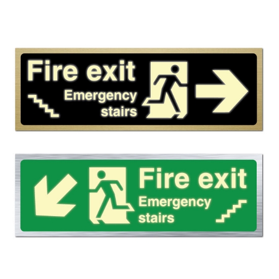 Picture of Glow In The Dark Brushed Metal Fire Exit Stairs direction sign