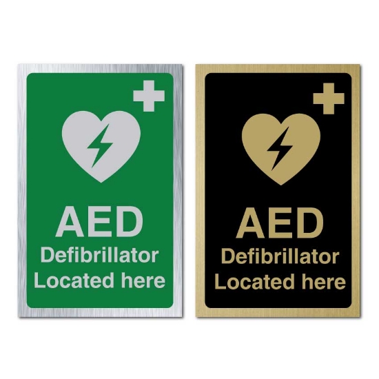 Picture of  AED Defib Located Here Sign - Gold or Silver