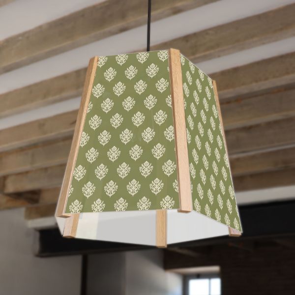 Picture of Oak Ceiling Light, 5 Sided, Floral Block Print, Easy Fit